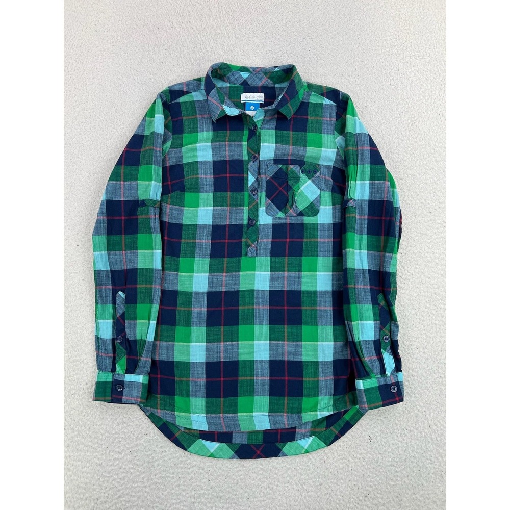 Columbia PFG Shirt Womens Small Green Blue Plaid Long Sleeve Fishing Outdoor
